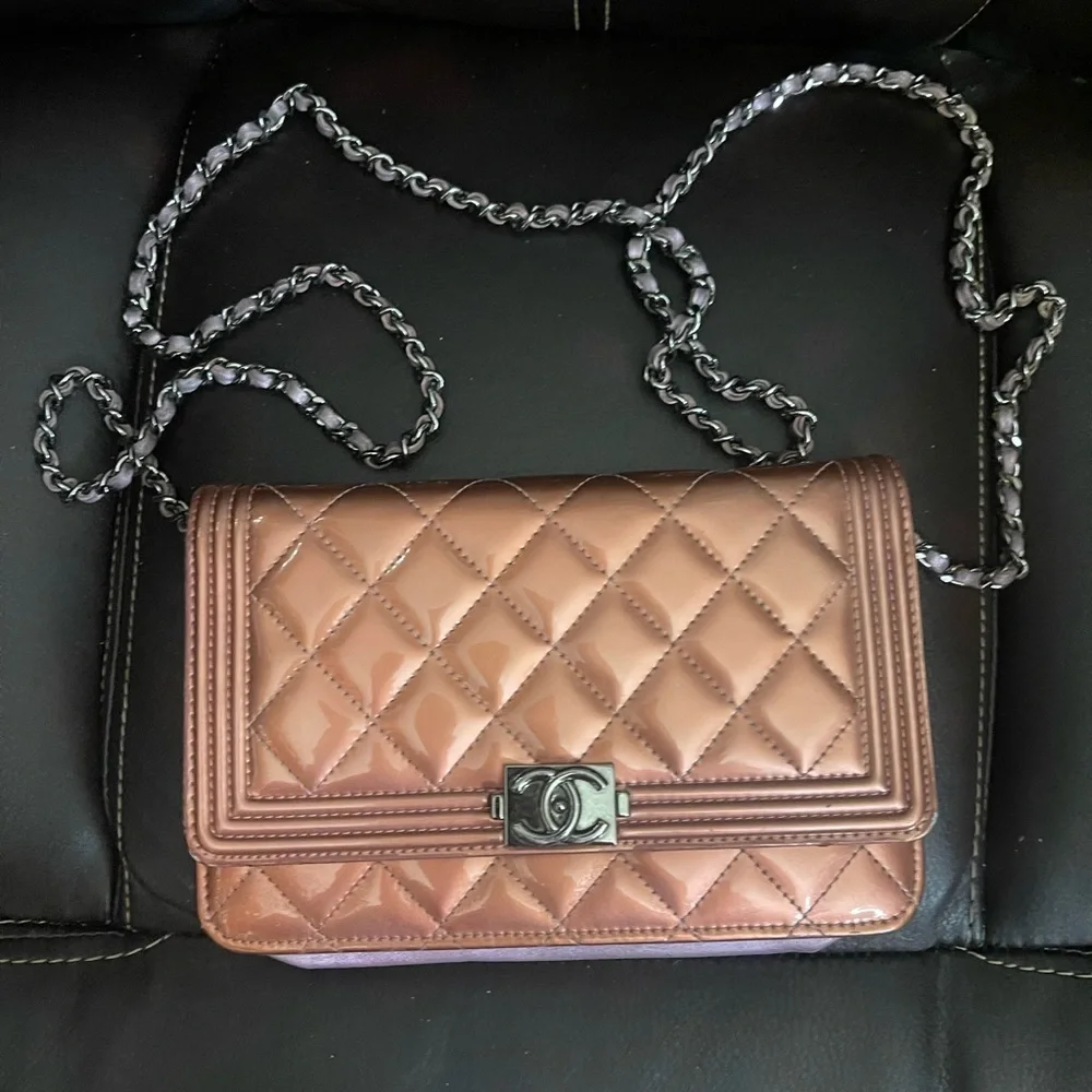 Chanel patent leather pink wallet on chain bag